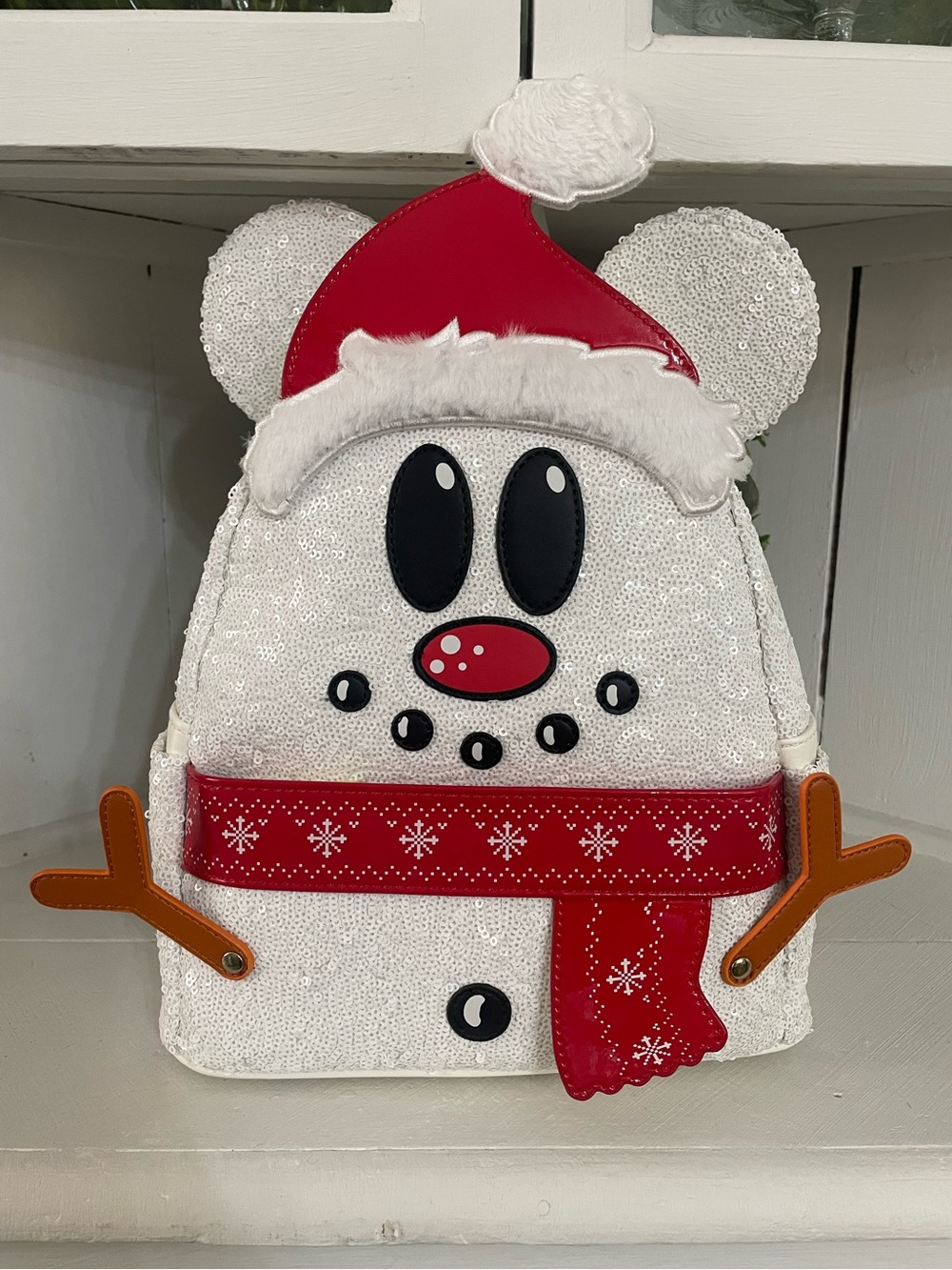 Loungefly White Sequin Mickey Snowman Backpack with Red Hat & Scarf